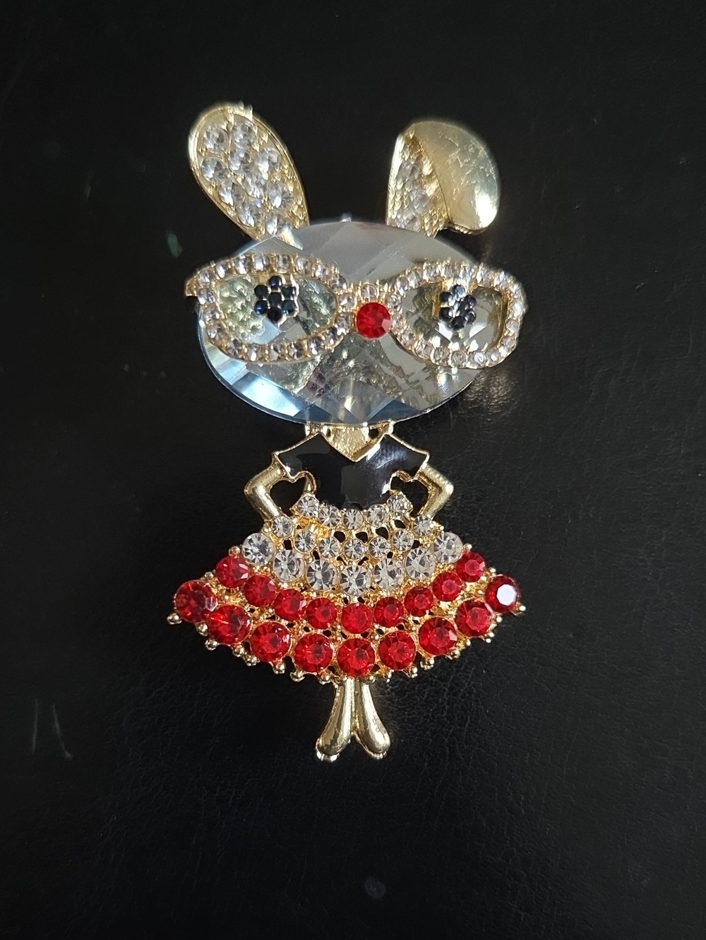 Sparkling Bunny Brooch - Red & Clear Crystal Accent, Nwot